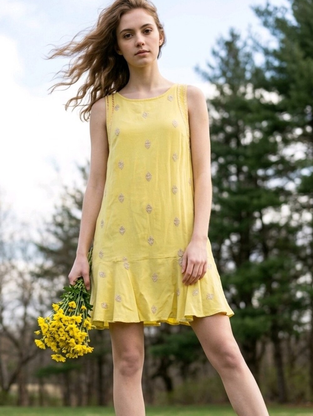 Anthropologie Leifnotes Yellow Embroidered Sleeveless Mini Dress W/ Pockets